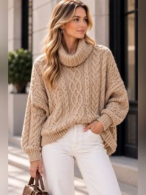 Ralph Lauren Beige Cable Knit Turtleneck Sweater